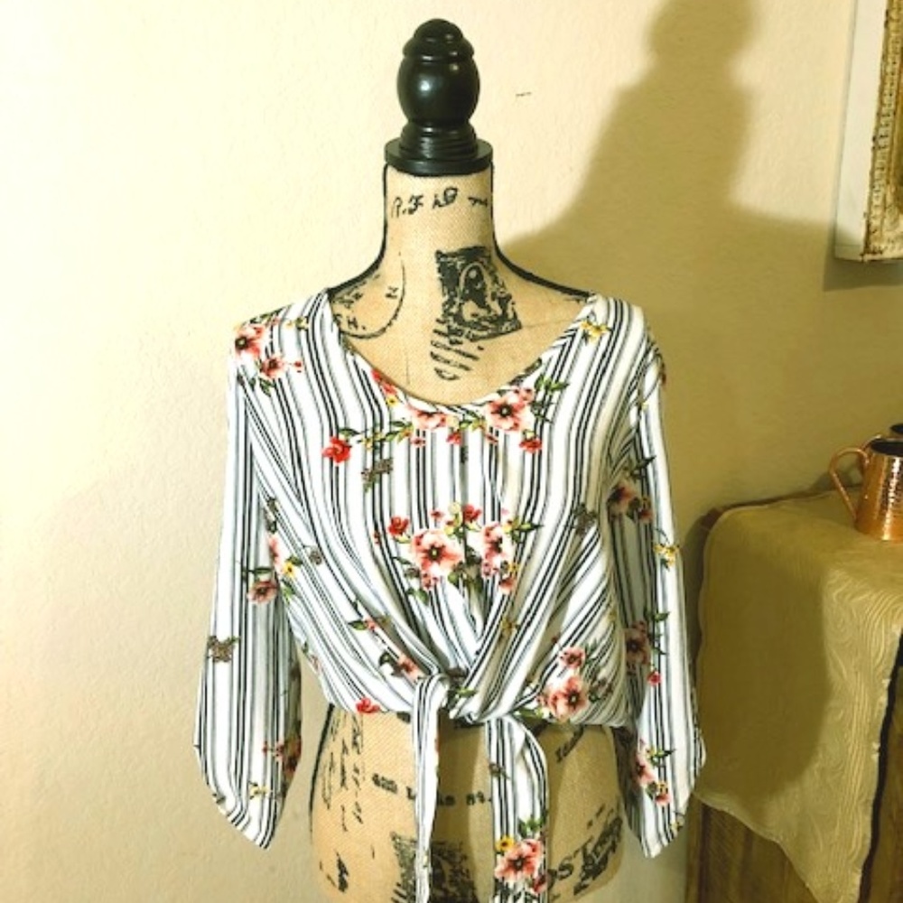 Floral Striped Tie blouse
